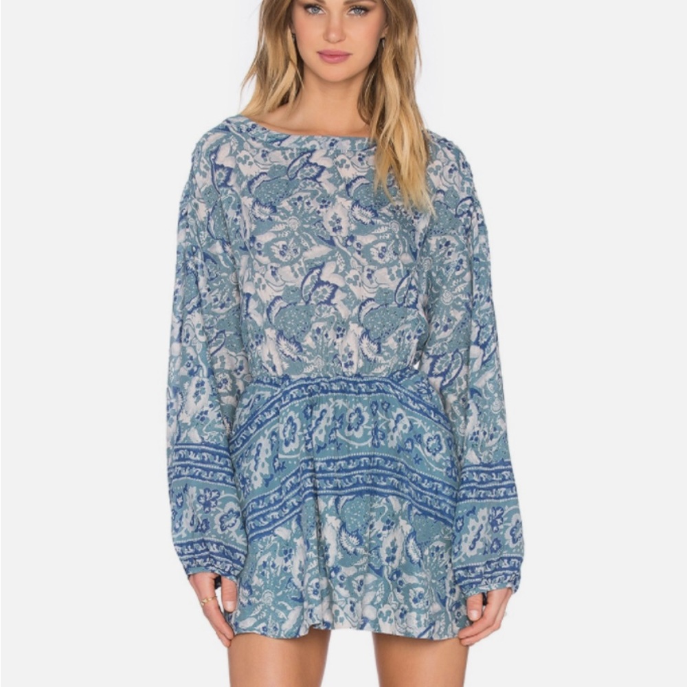 Free People Blue Boho Mini Dress Long Sleeve Flowy Festival Dress Medium